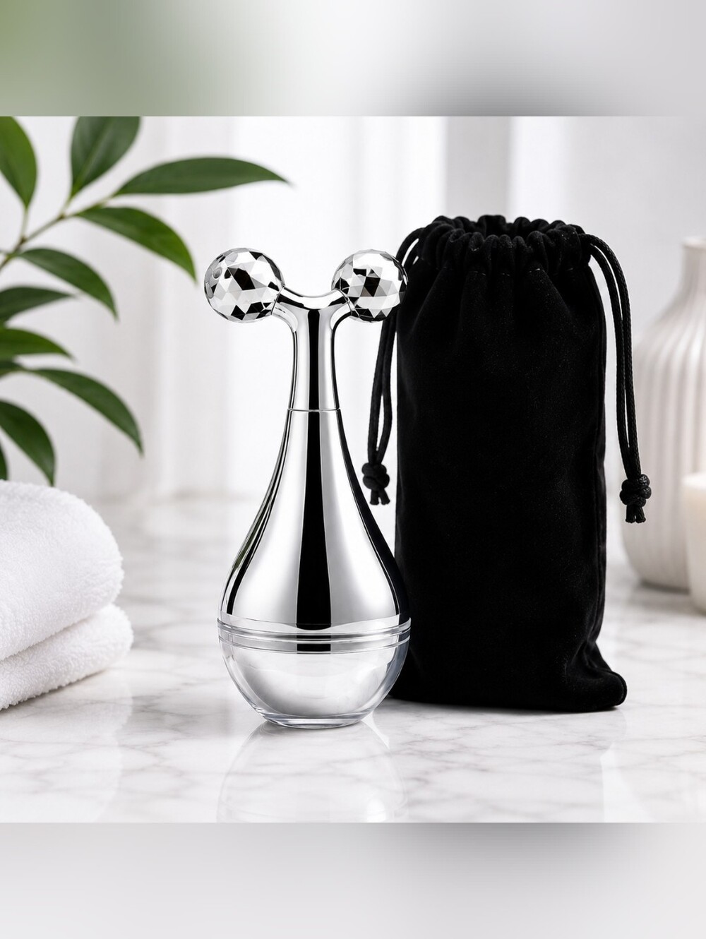 Beauty Ice Wave Ball Facial Roller T-Roller Ice & Hot Compress Massager Silver
